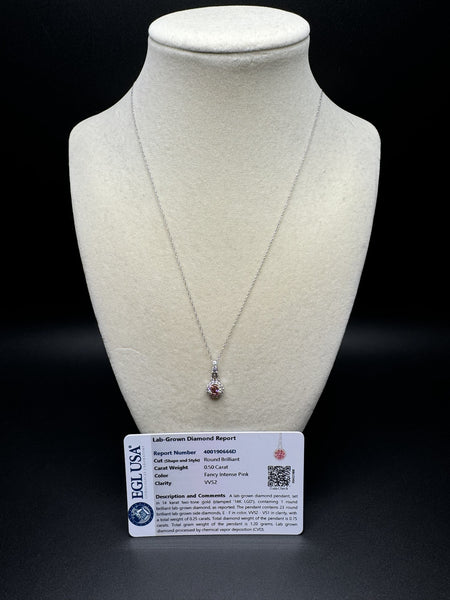 18” 14k White Chain & .5ct Fancy Intense Pink VVS2 EGL Certified Pendant with .25ctw E VVS2 Lab Diamond Halo/Bail 1.7g $495