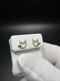 8mm 10k Yellow Gold Natural Diamond Heart Shape Studs with Devil Horns & Ruby Tail .6g