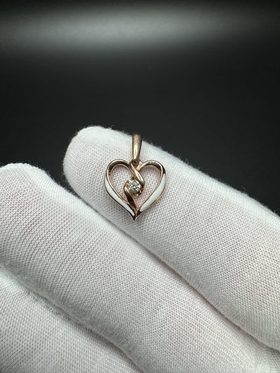 3/4" 10k Rose Gold Heart with Natural Diamond Solitaire Center and White Enamel 1.33g