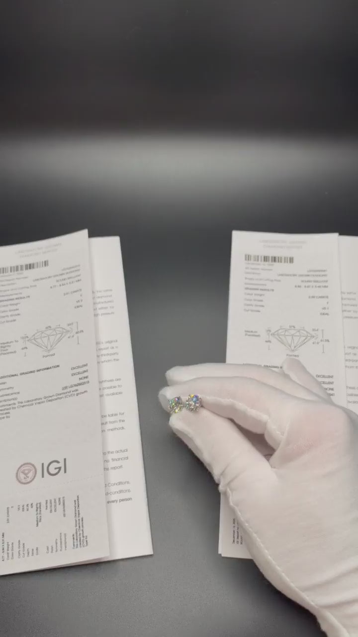 5ctw IGI certified lab diamond stud earrings, E-G VS2+, 14K white gold, push backs – Ott Family Jewelry (video 2)
