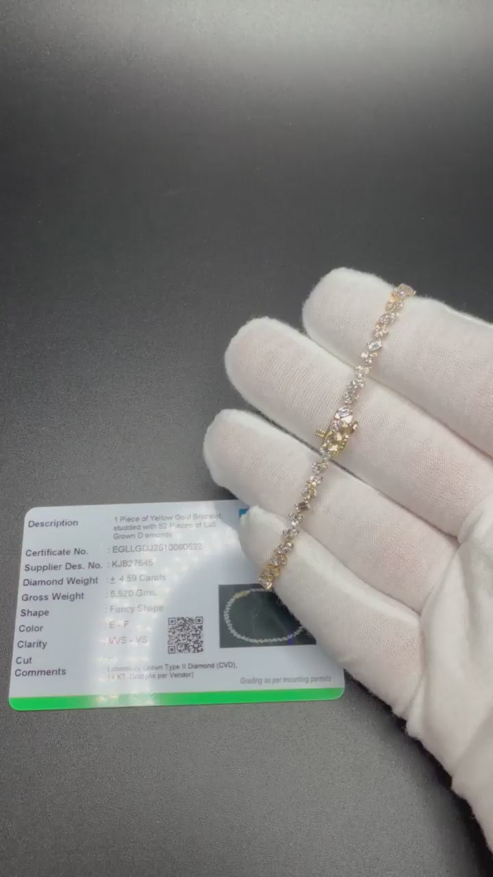 7" 14k yellow gold fancy shape lab diamond tennis bracelet, 4.59ctw E-F VVS-VS, 5.52g – Ott Family Jewelry (video)