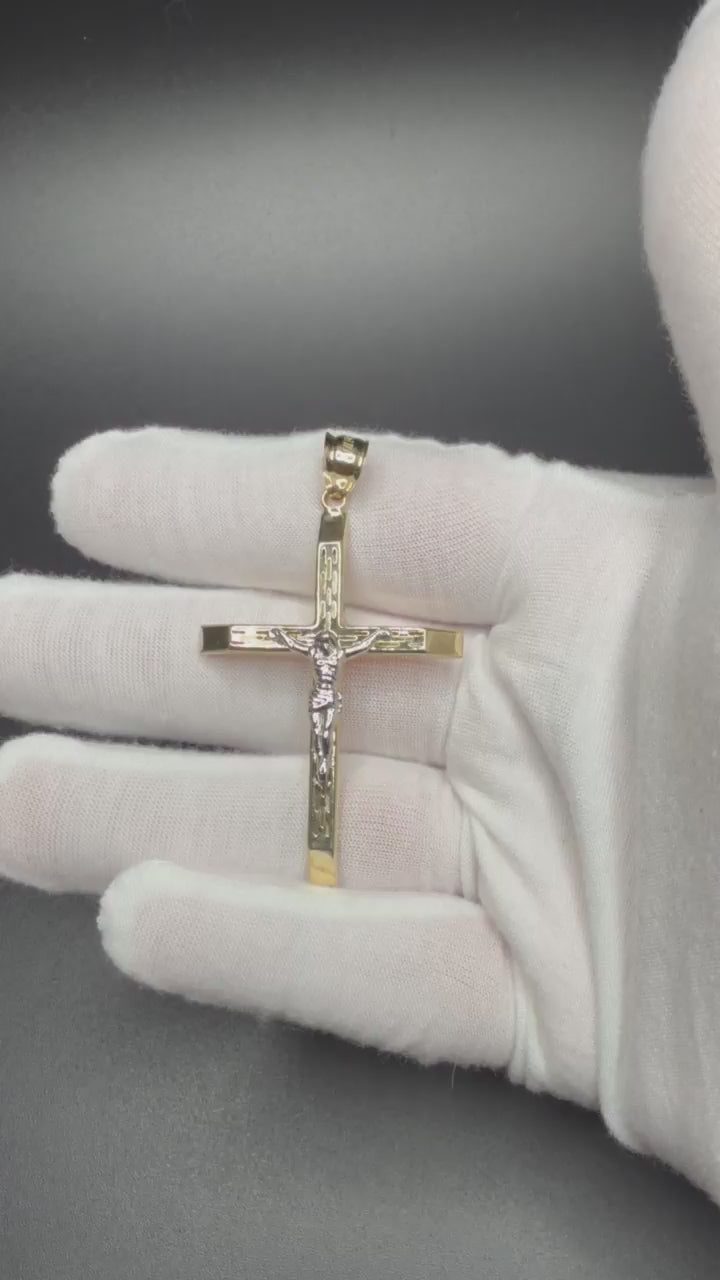 2.5" 14K Yellow Gold Two-Tone Square Cross + Crucifix 7mm Bail 3.32g