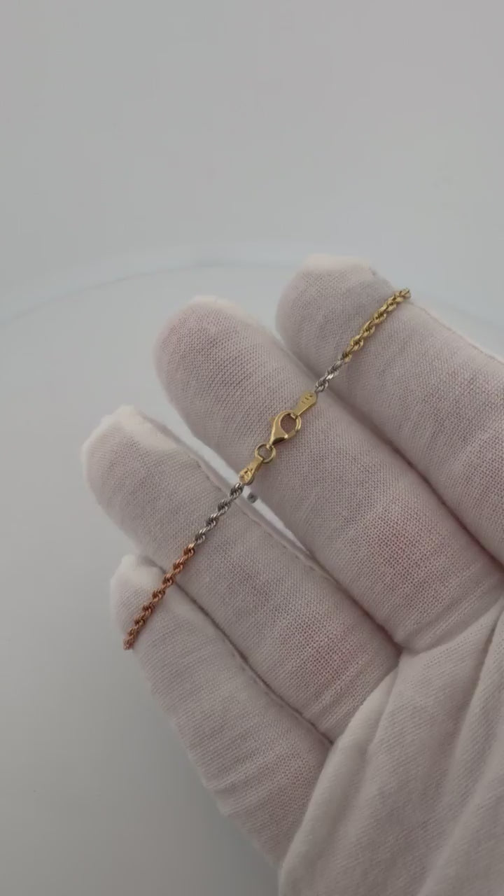 7" 14K Tri-Color Gold Rope Bracelet 2mm 2.84g