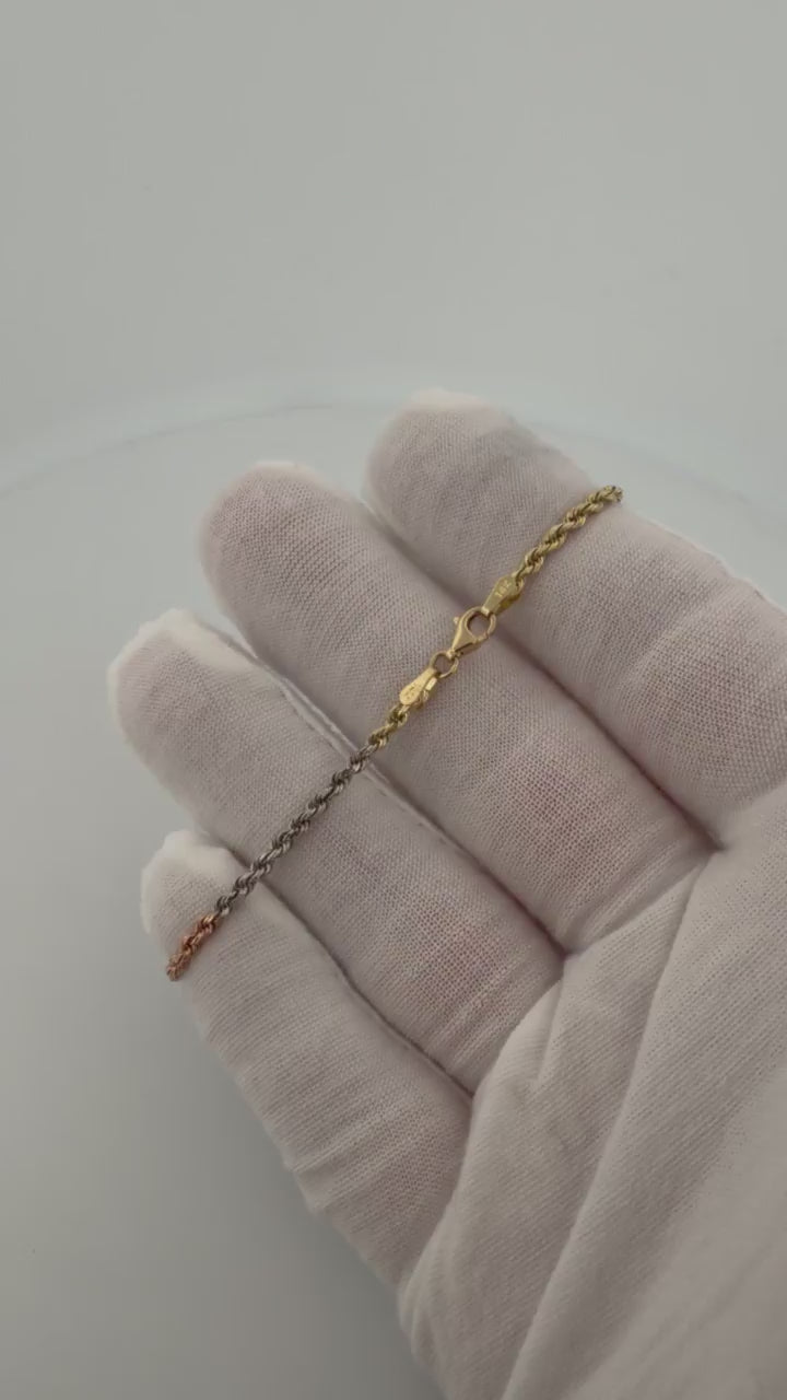 7" 14K Tri-Color Gold Rope Bracelet 2.5mm 3.4g