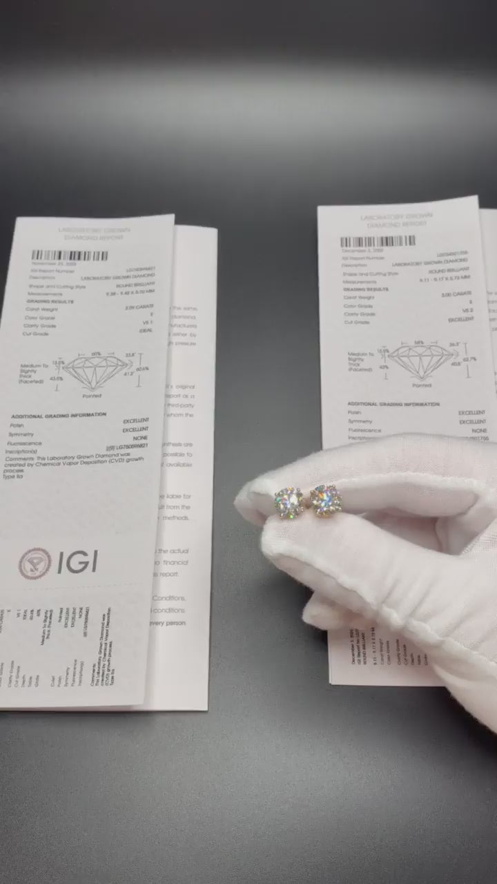 6ctw IGI certified lab diamond stud earrings, E-G VS2+, 14K yellow gold, push backs – Ott Family Jewelry (video 2)