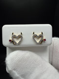 8mm 10k Yellow Gold Natural Diamond Heart Shape Studs with Devil Horns & Ruby Tail .6g